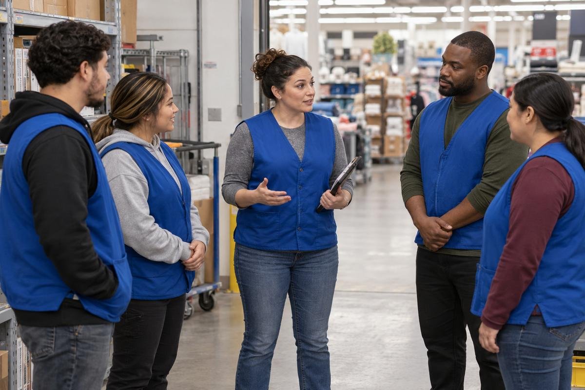 Walmart team lead running a pre-shift huddle with four store associates