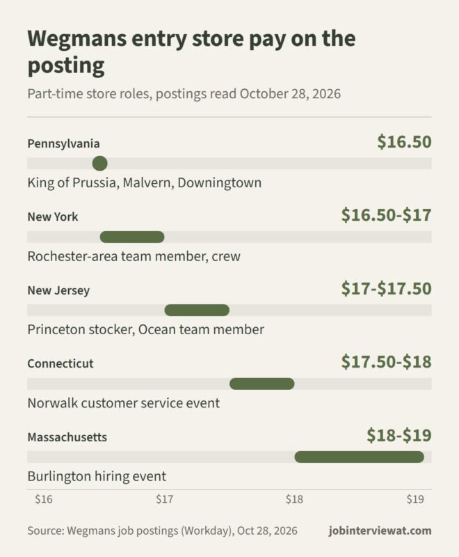 Wegmans interview questions prep chart: posted hourly pay for entry store jobs in Pennsylvania, New York, New Jersey, Connecticut and Massachusetts on October 28, 2026
