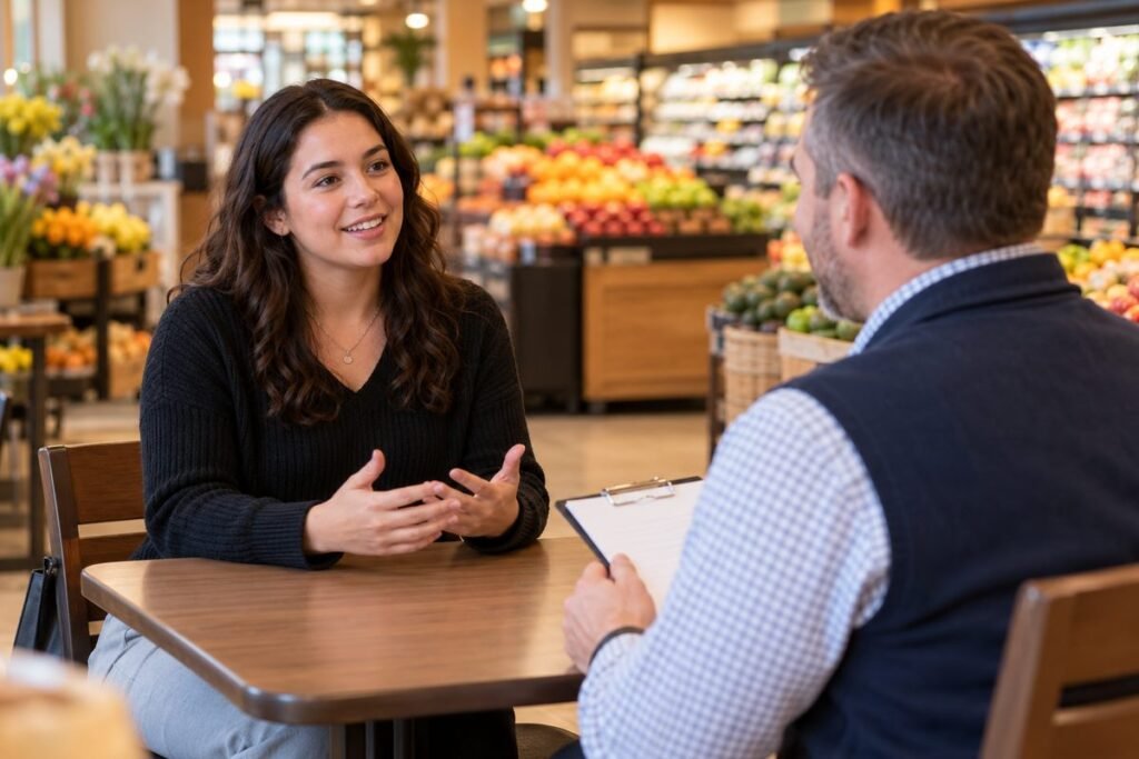 Job candidate interviewing with a grocery store hiring manager near the produce section
