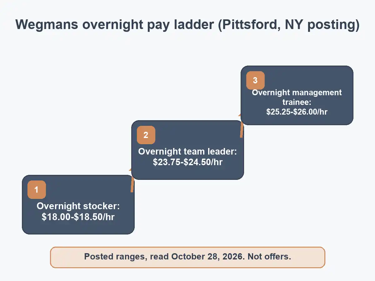 Staircase chart of posted Wegmans overnight pay in Pittsford, New York: stockers $18.00 to $18.50, team leaders $23.75 to $24.50, management trainees $25.25 to $26.00 an hour