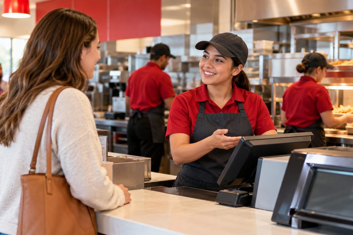 Fast-food crew member helping a waiting customer at the counter