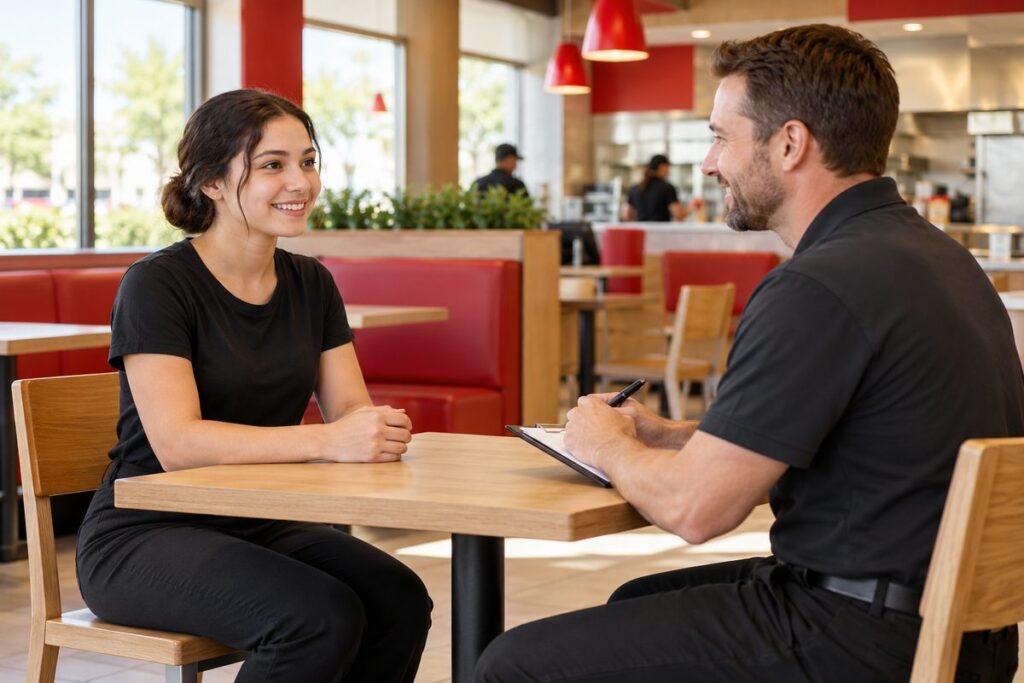 Wendy's crew candidate speaking with a restaurant hiring manager