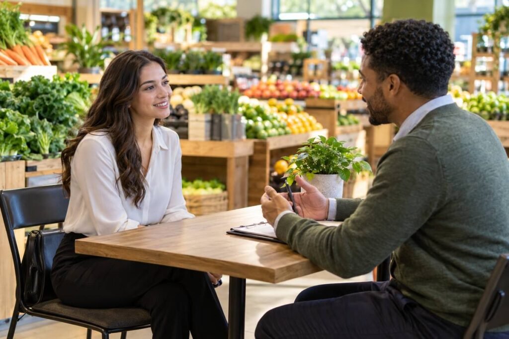Job applicant speaking with a hiring manager in a natural grocery store