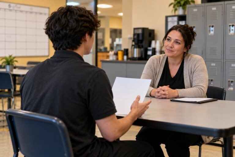 Hourly job applicant answering a hiring manager during an interview in a retail break room